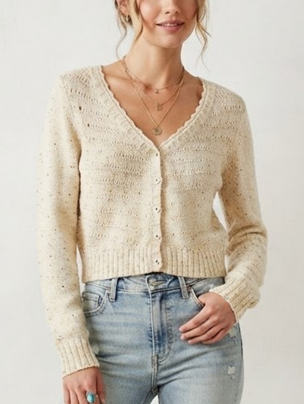 2000s Anthropologie Coincidence & Chance Crochet Cardigan Sz L Classic Neutral